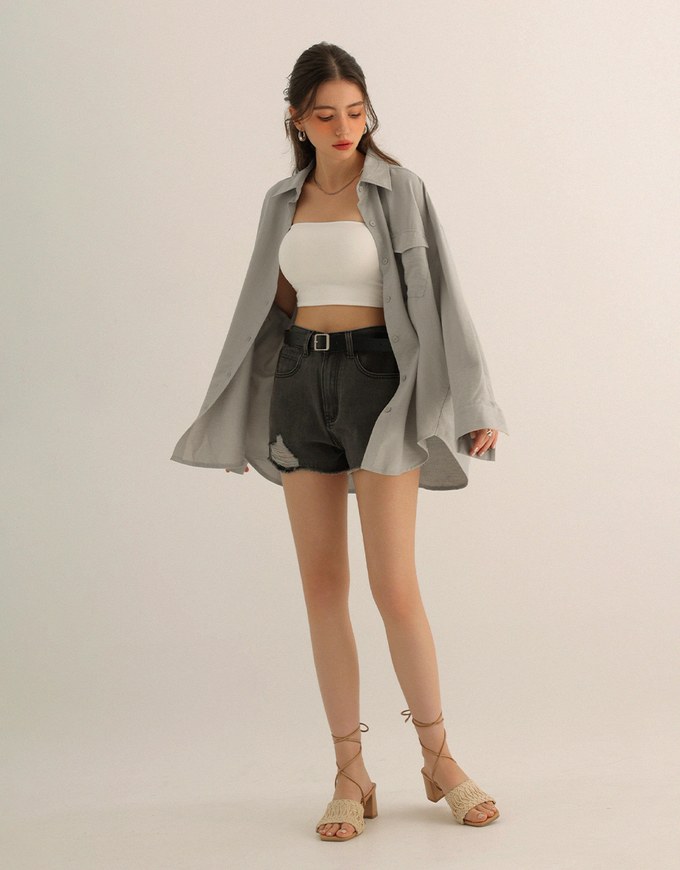 Cooling Fabric Lightweight Oversized Blouse with Pocket Detail