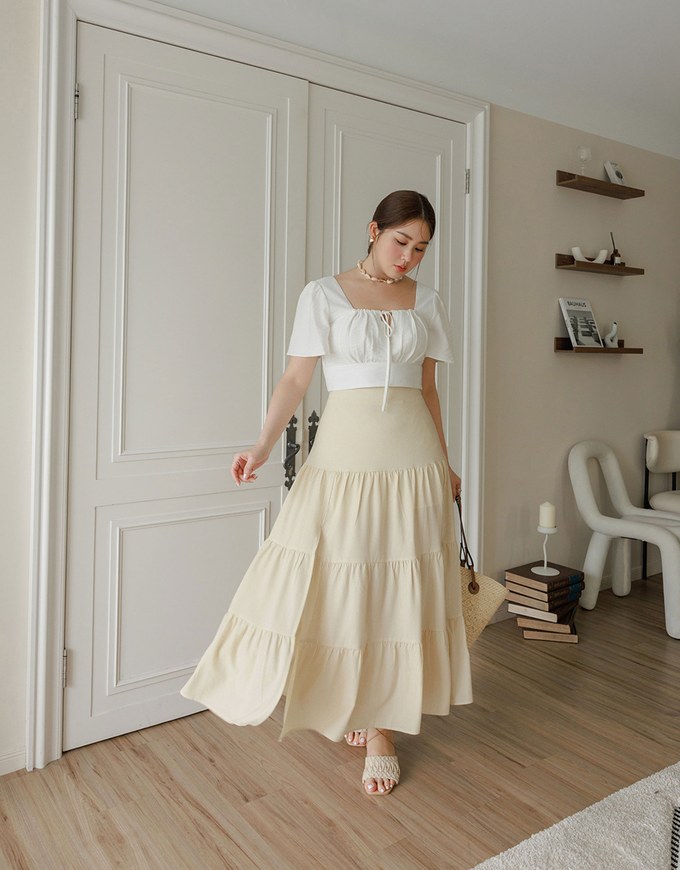 Cooling Fabric Drawstring Front Square Neck Top