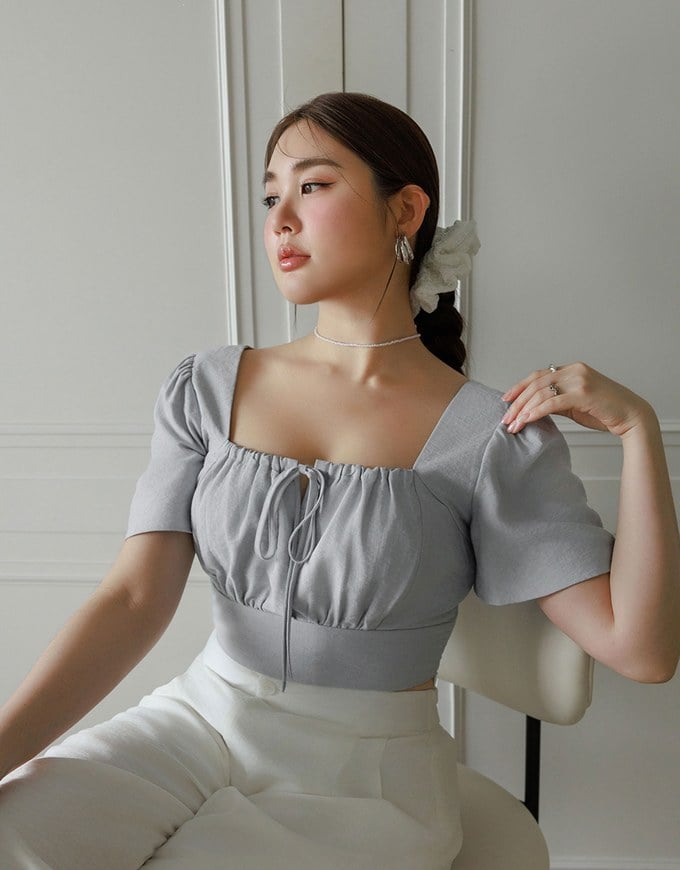 Cooling Fabric Drawstring Front Square Neck Top