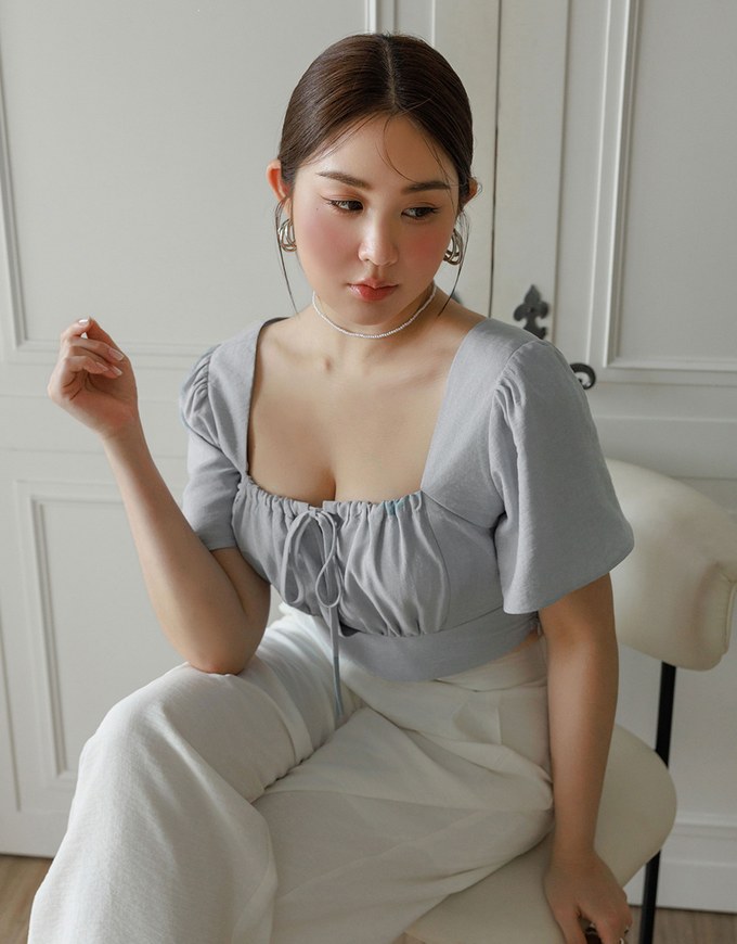 Cooling Fabric Drawstring Front Square Neck Top