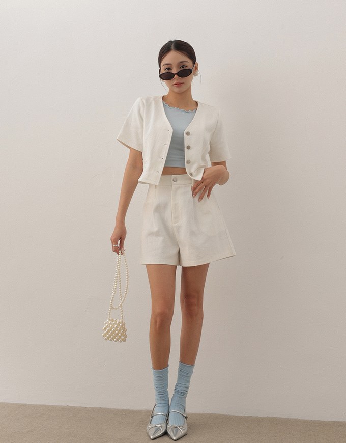 Tailored V Neck Button Front Short Sleeve Cropped Blazer Top