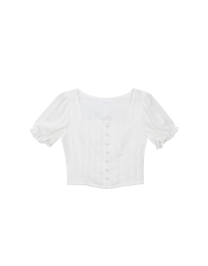 Textured Stripe Puff Sleeve Cropped Top with Decorative Buttons