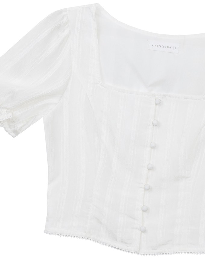 Textured Stripe Puff Sleeve Cropped Top with Decorative Buttons