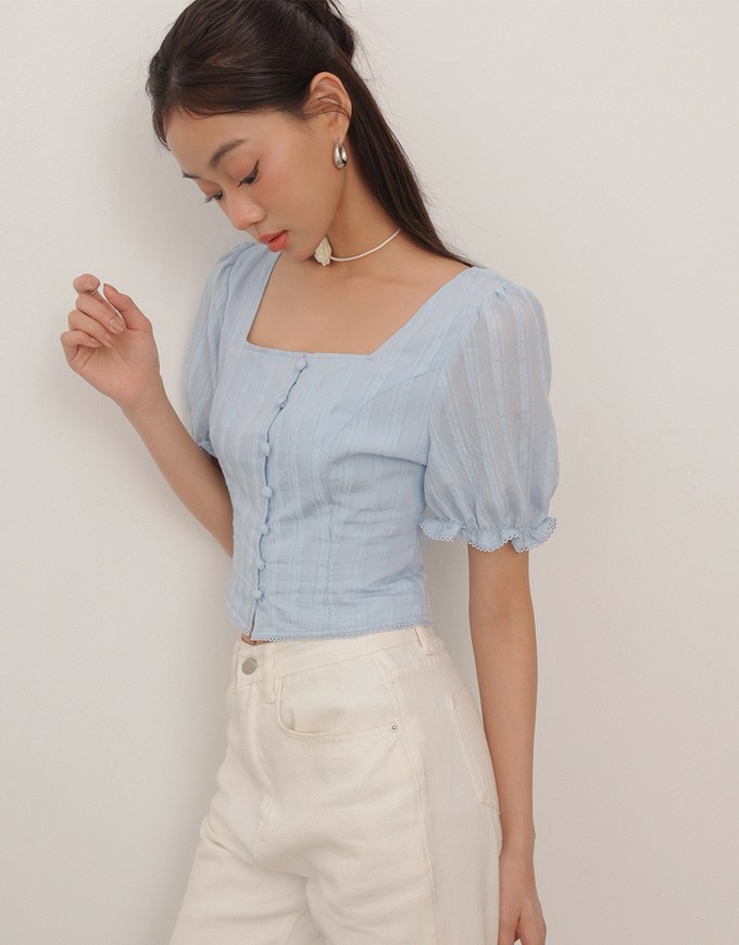 Textured Stripe Puff Sleeve Cropped Top with Decorative Buttons