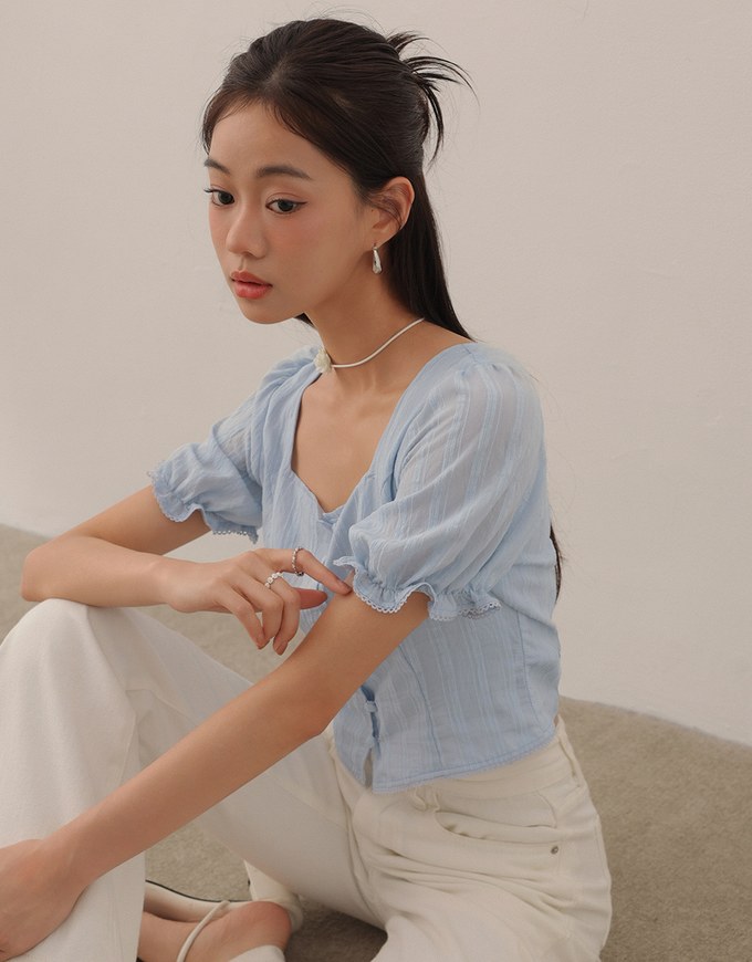 Textured Stripe Puff Sleeve Cropped Top with Decorative Buttons