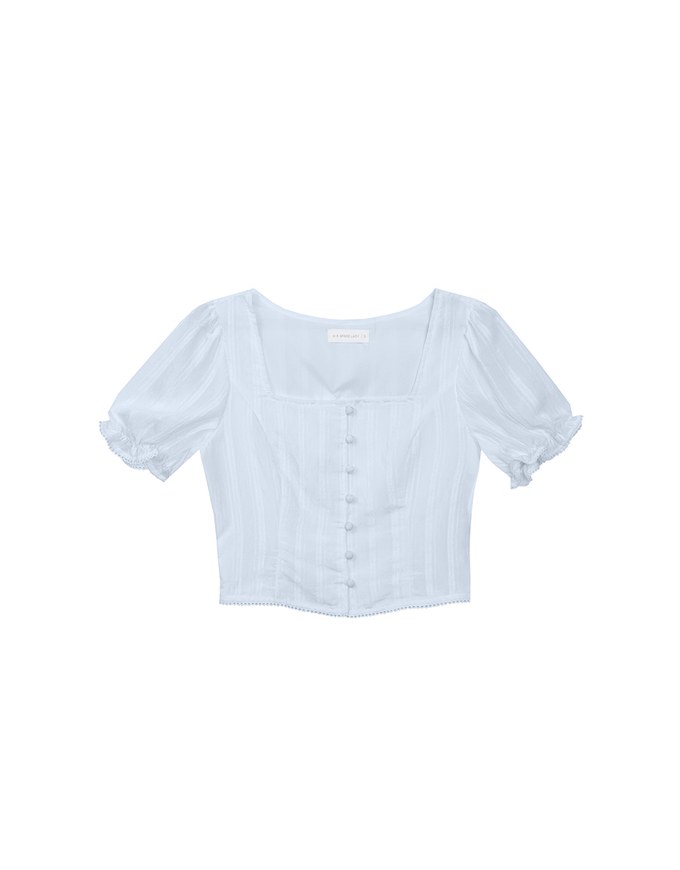 Textured Stripe Puff Sleeve Cropped Top with Decorative Buttons