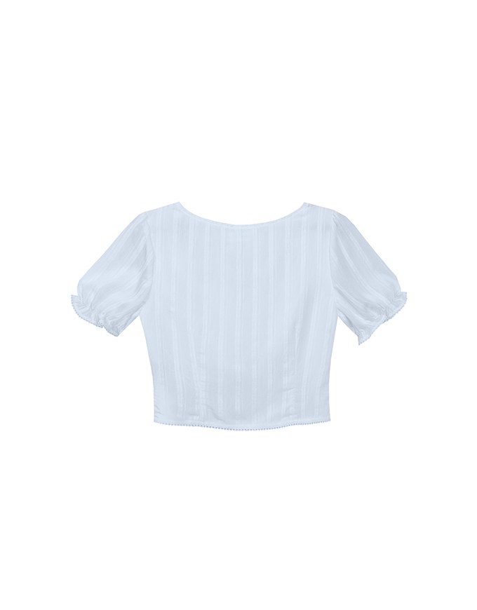 Textured Stripe Puff Sleeve Cropped Top with Decorative Buttons