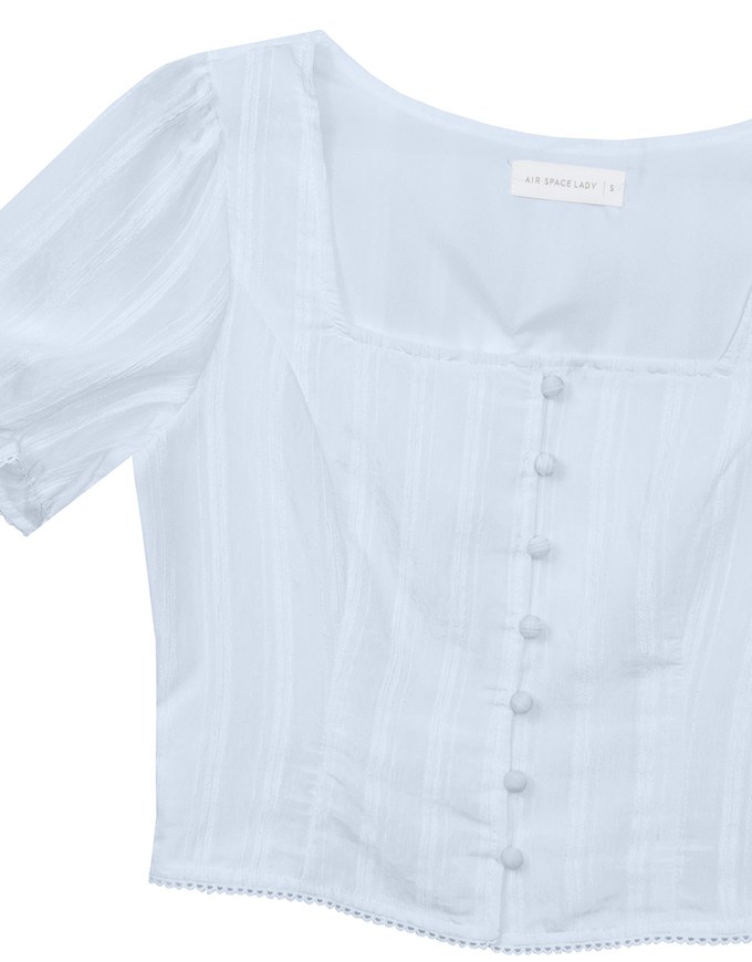 Textured Stripe Puff Sleeve Cropped Top with Decorative Buttons