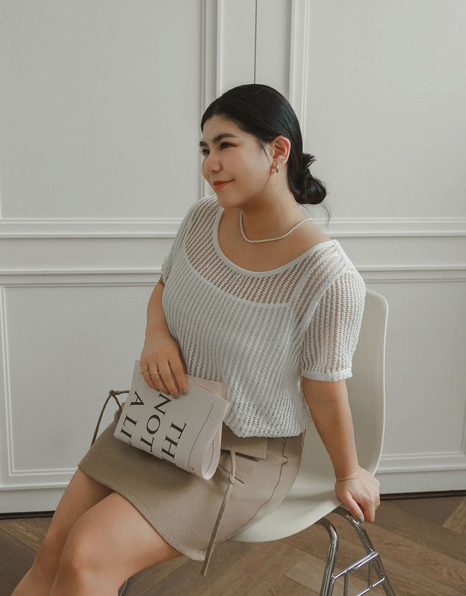 Faux 2 Piece Layered Mesh Short Sleeve Top with Soft Knit Texture