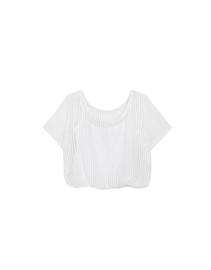 Faux 2 Piece Layered Mesh Short Sleeve Top with Soft Knit Texture