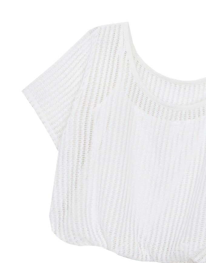 Faux 2 Piece Layered Mesh Short Sleeve Top with Soft Knit Texture