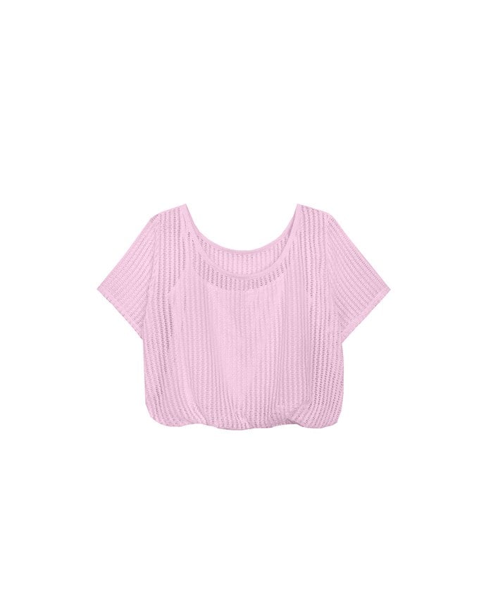 Faux 2 Piece Layered Mesh Short Sleeve Top with Soft Knit Texture