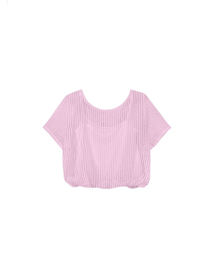 Faux 2 Piece Layered Mesh Short Sleeve Top with Soft Knit Texture