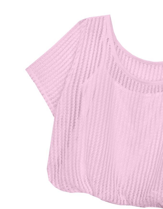 Faux 2 Piece Layered Mesh Short Sleeve Top with Soft Knit Texture