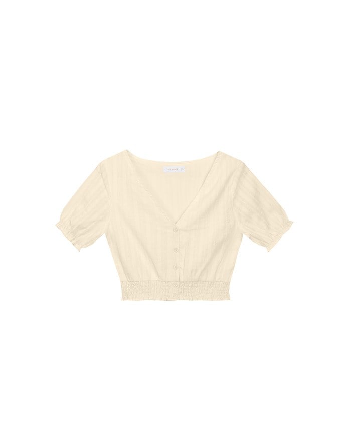 Ruched Waist Textured Stripe V Neck Cropped Top with Puff Sleeves