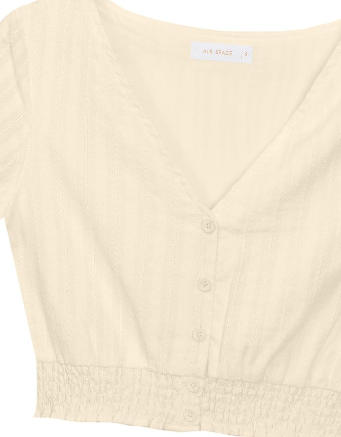 Ruched Waist Textured Stripe V Neck Cropped Top with Puff Sleeves