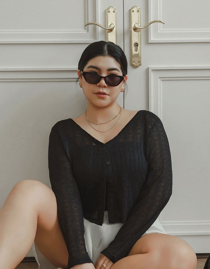 Sheer Daisy Embossed Knit V Neck Cardigan