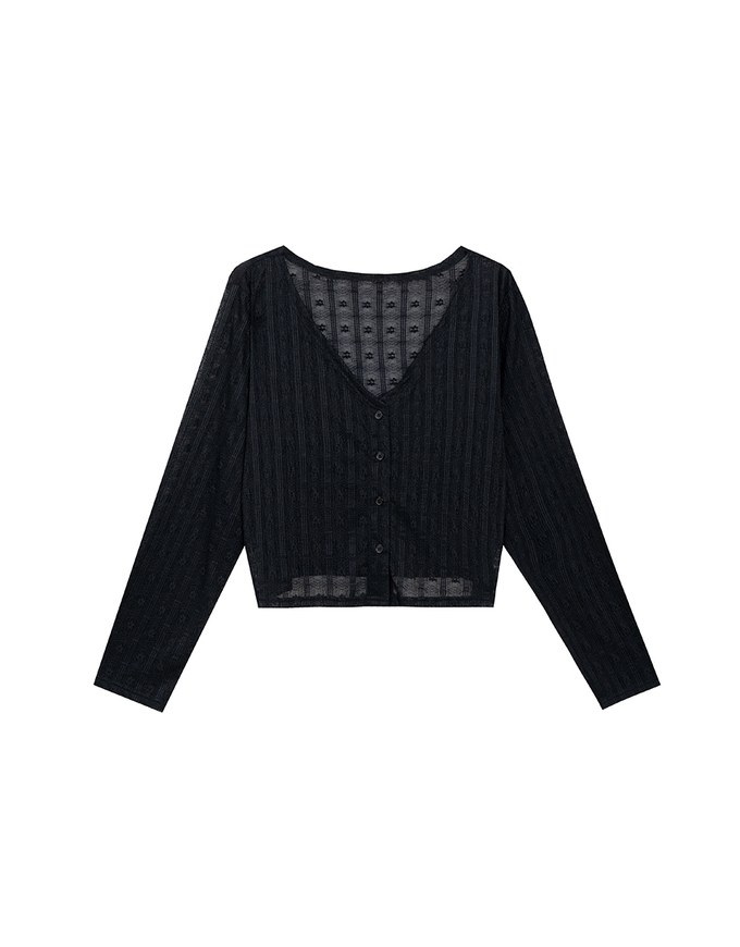 Sheer Daisy Embossed Knit V Neck Cardigan