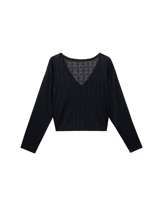 Sheer Daisy Embossed Knit V Neck Cardigan