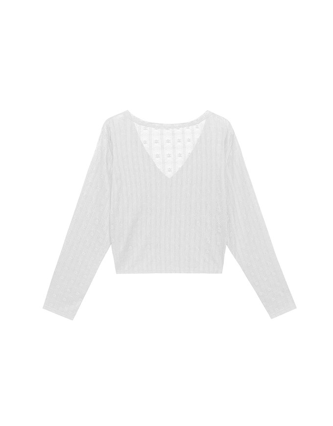 Sheer Daisy Embossed Knit V Neck Cardigan