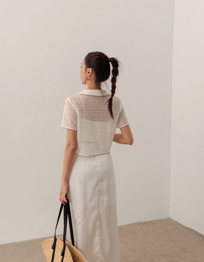 Contrast Trim Crochet Tie Front Collared Top