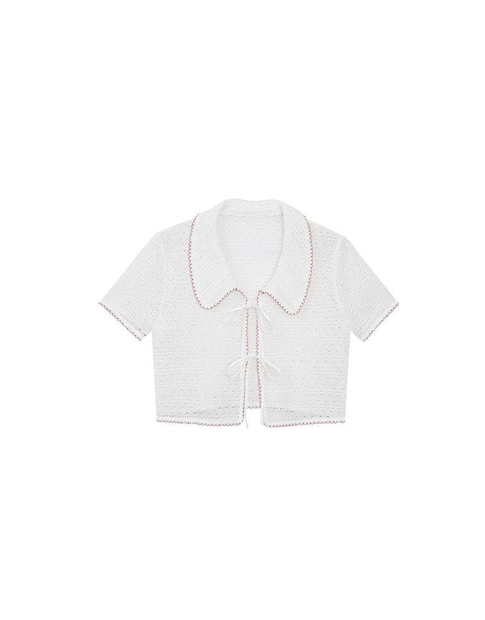 Contrast Trim Crochet Tie Front Collared Top