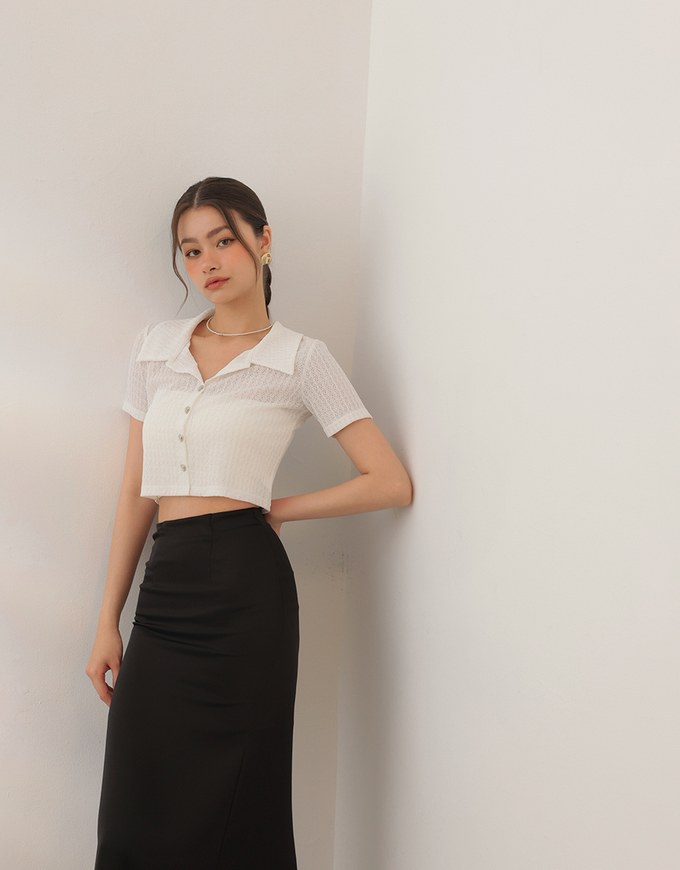 Sheer Knit Cropped Shirt with Heart Buttons and Lapel Collar