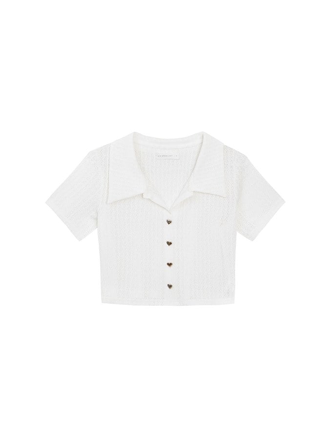 Sheer Knit Cropped Shirt with Heart Buttons and Lapel Collar