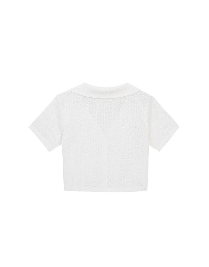 Sheer Knit Cropped Shirt with Heart Buttons and Lapel Collar