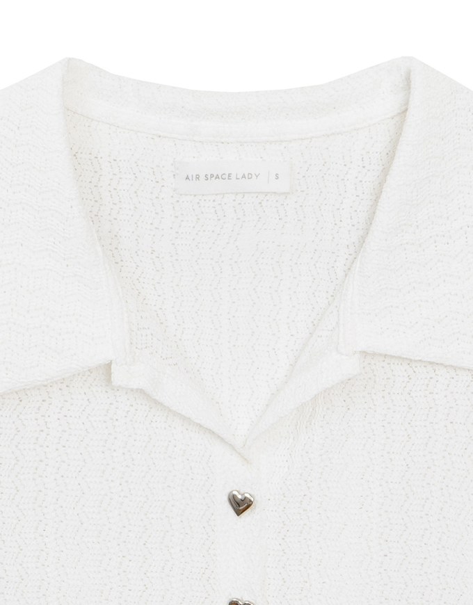 Sheer Knit Cropped Shirt with Heart Buttons and Lapel Collar