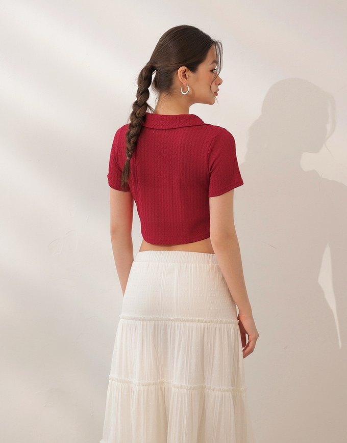 Sheer Knit Cropped Shirt with Heart Buttons and Lapel Collar