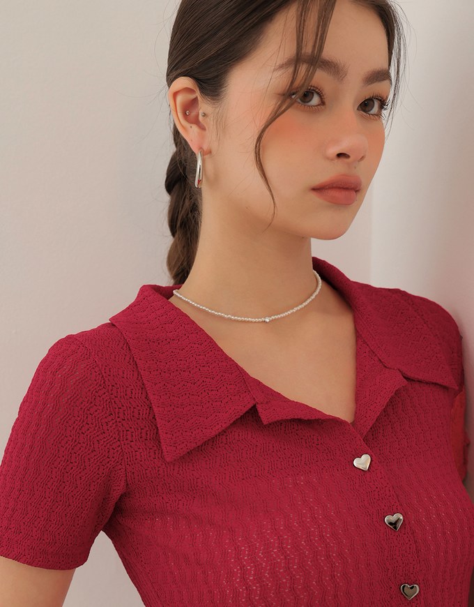 Sheer Knit Cropped Shirt with Heart Buttons and Lapel Collar