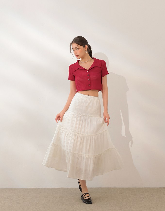 Sheer Knit Cropped Shirt with Heart Buttons and Lapel Collar