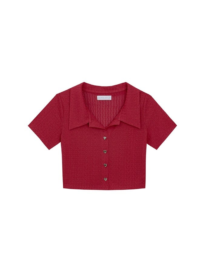 Sheer Knit Cropped Shirt with Heart Buttons and Lapel Collar