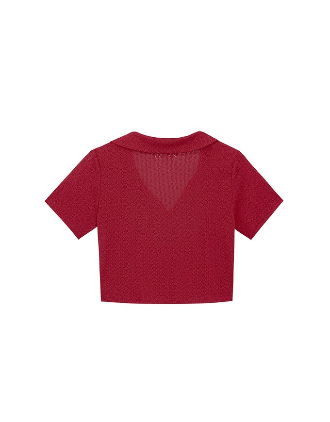 Sheer Knit Cropped Shirt with Heart Buttons and Lapel Collar