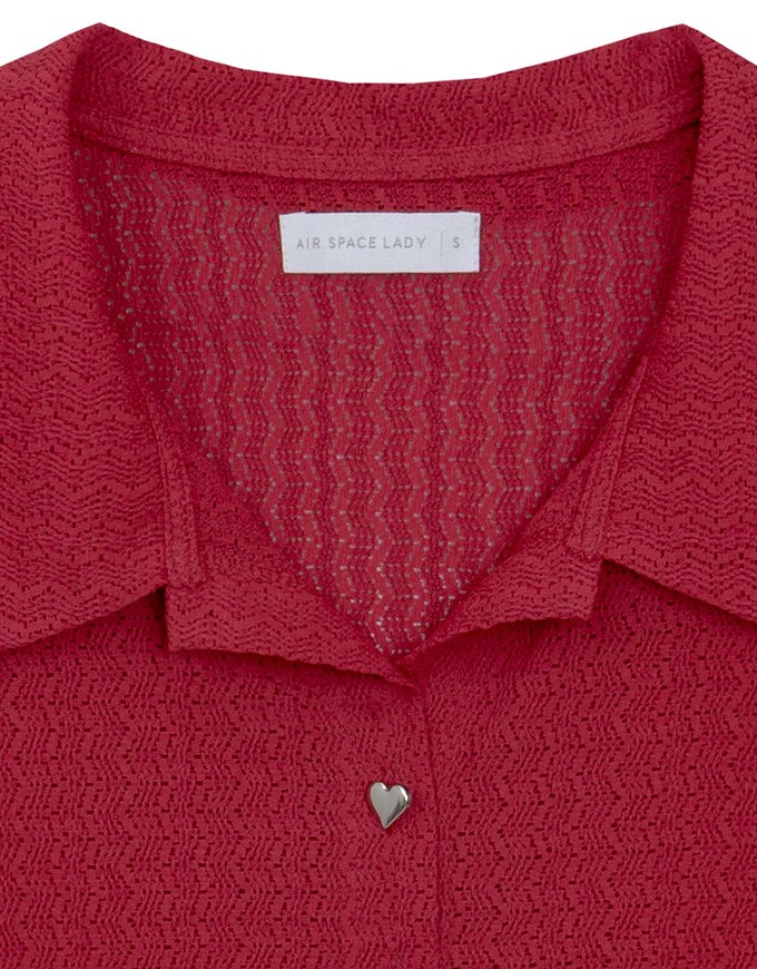 Sheer Knit Cropped Shirt with Heart Buttons and Lapel Collar