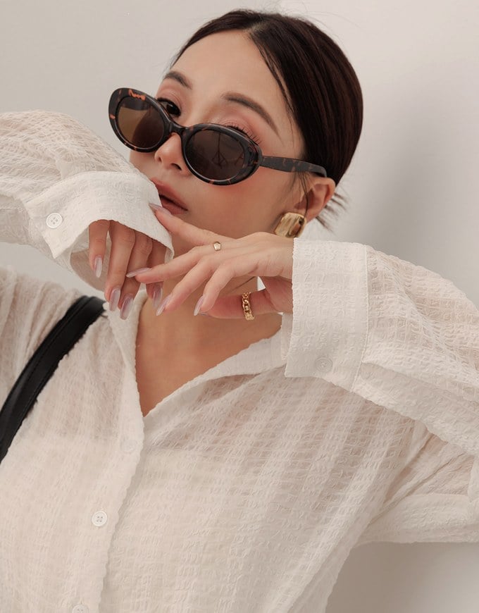 Sheer Gingham Bubble Long Sleeve Blouse with Drawstring Hem