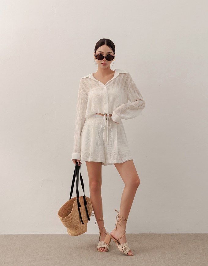Sheer Gingham Bubble Long Sleeve Blouse with Drawstring Hem