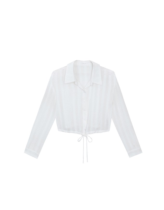 Sheer Gingham Bubble Long Sleeve Blouse with Drawstring Hem