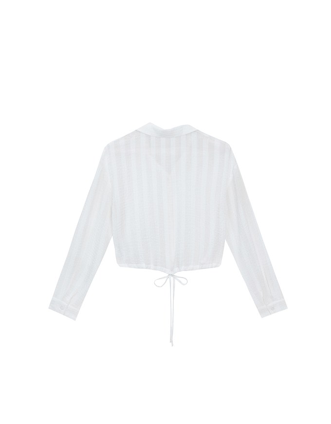 Sheer Gingham Bubble Long Sleeve Blouse with Drawstring Hem