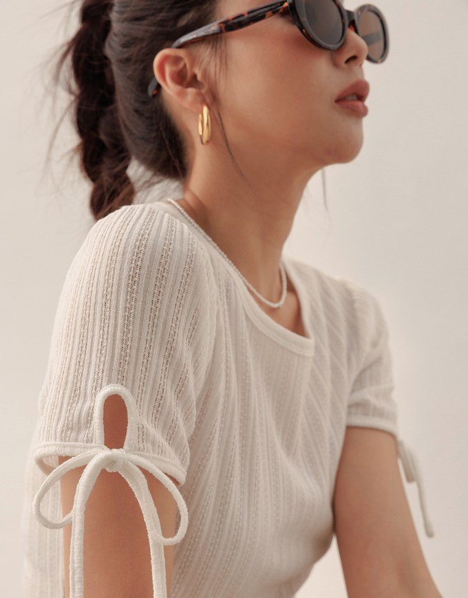 Sheer Stripe Texture Ribbed Top with Drawstring Cuff Sleeves Detail