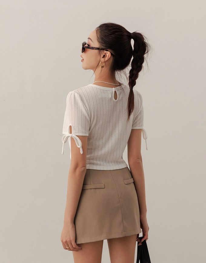 Sheer Stripe Texture Ribbed Top with Drawstring Cuff Sleeves Detail