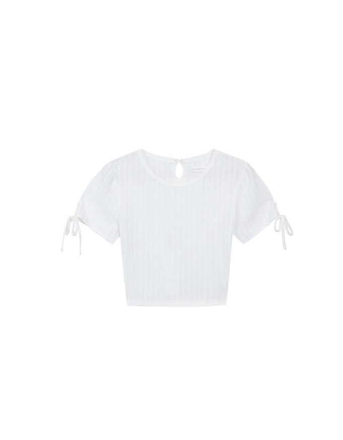 Sheer Stripe Texture Ribbed Top with Drawstring Cuff Sleeves Detail
