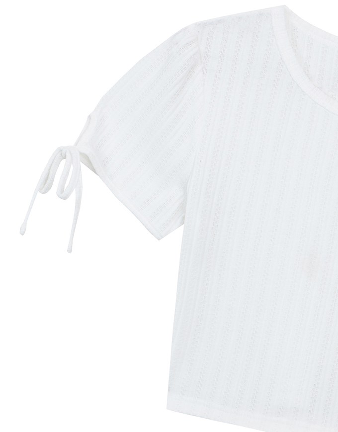 Sheer Stripe Texture Ribbed Top with Drawstring Cuff Sleeves Detail