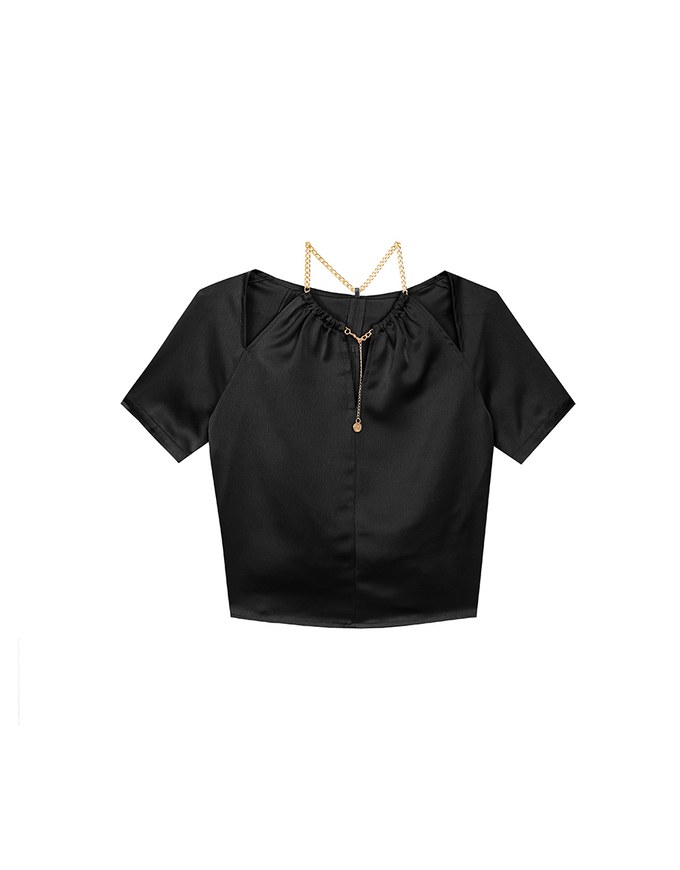Soft Chiffon Cold Shoulder Top with Gold Chain Trim