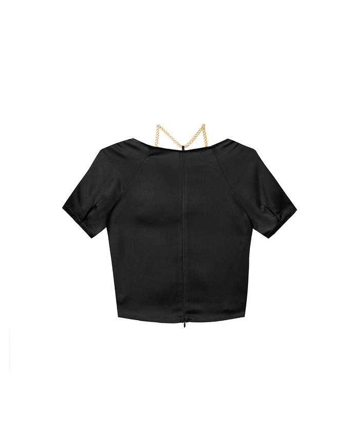 Soft Chiffon Cold Shoulder Top with Gold Chain Trim