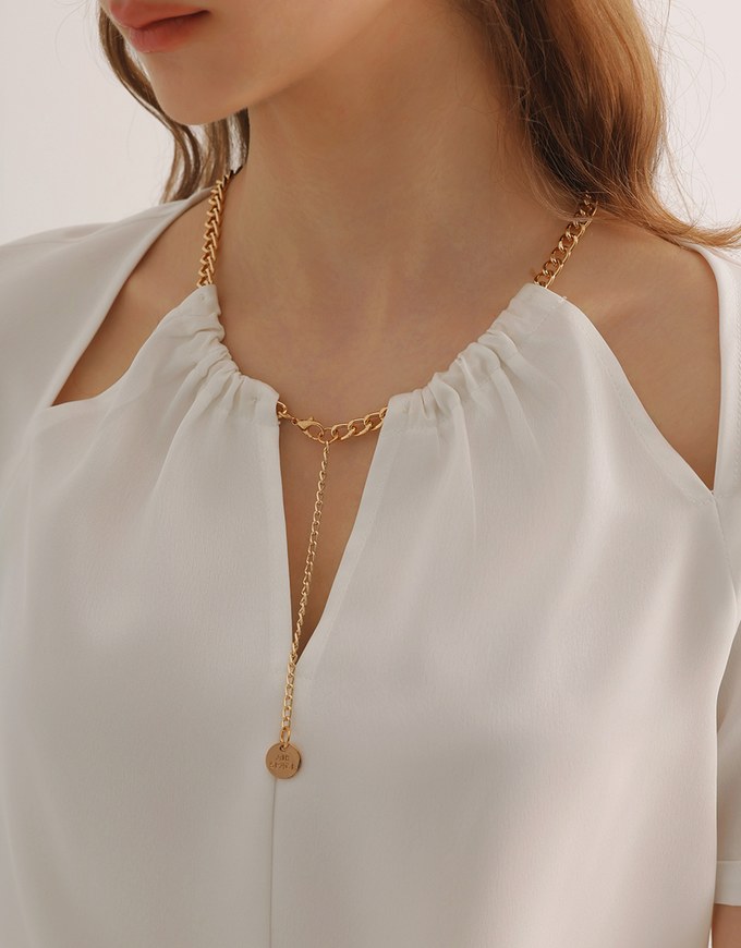 Soft Chiffon Cold Shoulder Top with Gold Chain Trim