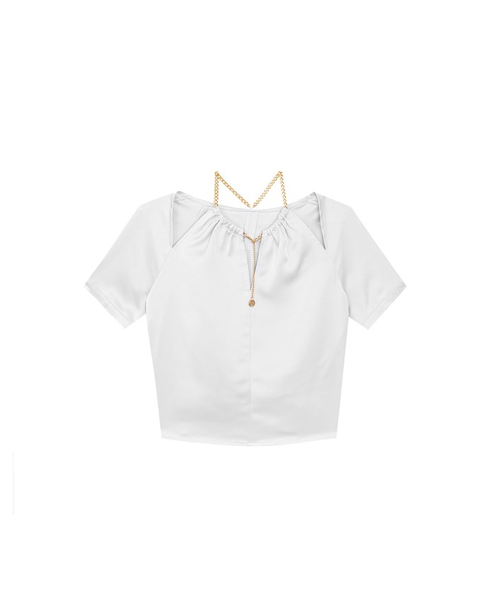 Soft Chiffon Cold Shoulder Top with Gold Chain Trim