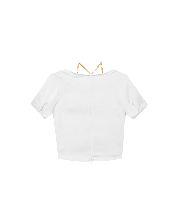 Soft Chiffon Cold Shoulder Top with Gold Chain Trim