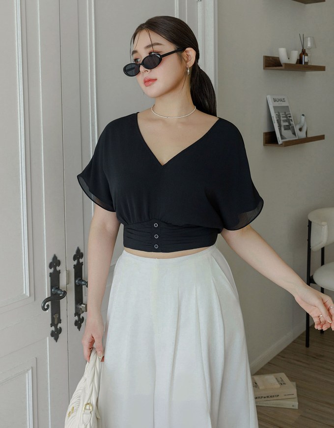 V Neck Ruched Waist Wrap Back Short Sleeve Top